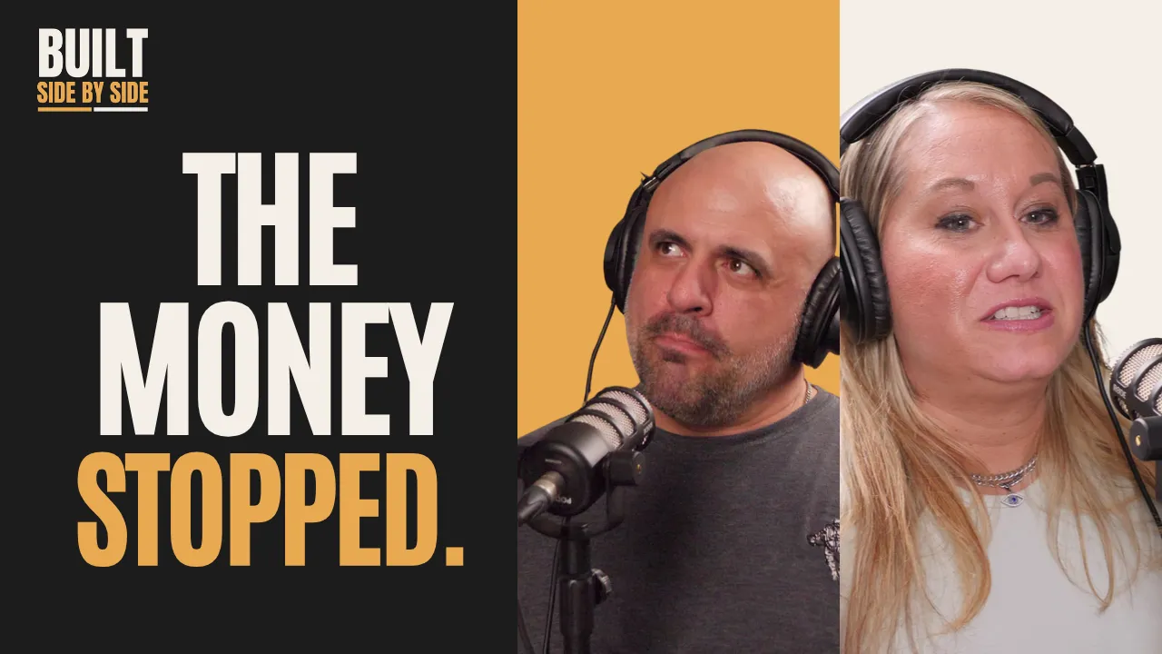 Episode 2 thumbnail: “The money stopped.” in large type beside Dan and Sarah at their microphones.